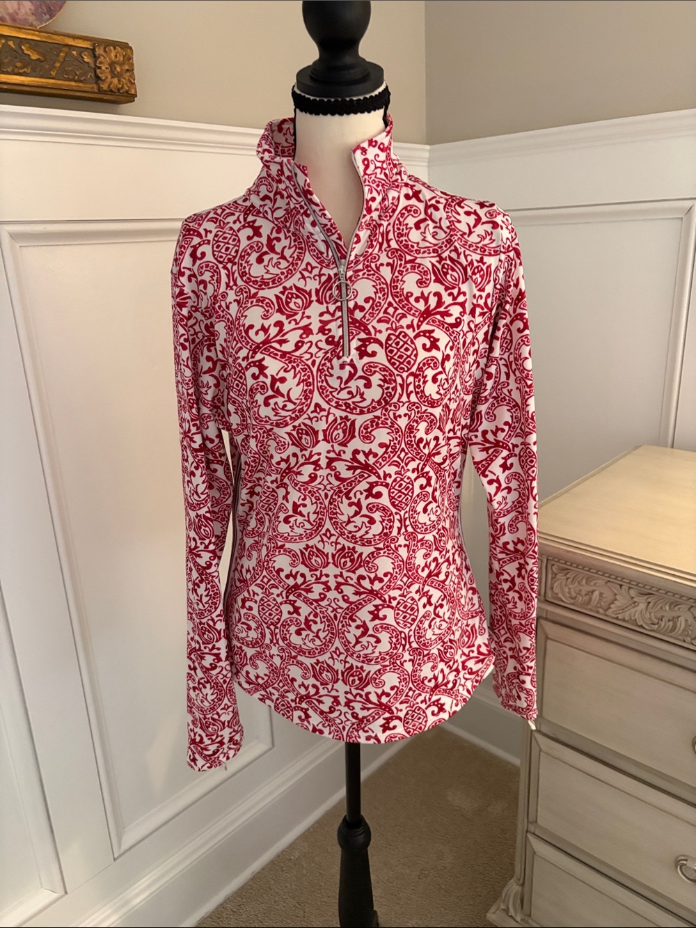 Athleta Red and White Quarter-Zip Patterned Long Sleeve Top